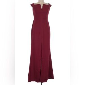 NWT Dessy Off Shoulder Notch Trumpet Crepe Gown with Front Slit in Burgundy, 6